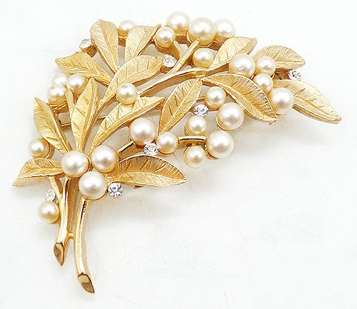 Newly Added Trifari Gold Leaves and Faux Pearls Broocj