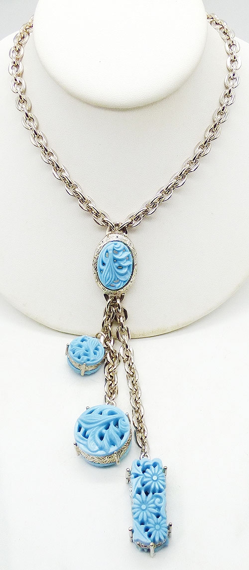 Newly Added Selro Asian Motif Carved Turquoise Lariat Necklace