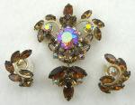 Sets & Parures-Unsigned - Topaz Rhinestone Brooch & Earrings Set
