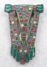 Dress & Fur Clips-Unsigned - Art Deco Colorful Rhinestone Dress Clip