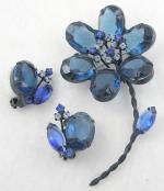 Floral Jewelry - Japanned Blue Glass Flower Brooch Set