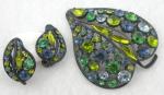 Sets & Parures-Unsigned - Japanned Blue & Green Rhinestone Leaf Set