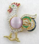 Figural Jewelry - Lavender Glass Moonstone & Rhinestone Rooster Brooch