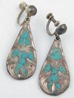 Earrings-Signed - Mexican Sterling Inlaid Turquoise Earrings