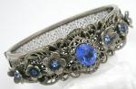 Czechoslovakia - Czech Silver Filigree Blue Rhinestone Hinged Bracelet