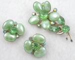 Floral Jewelry - Green Cabochon Flower Brooch Set