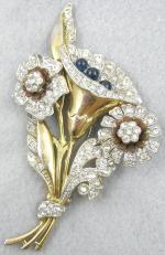 Floral Jewelry - 1940's Golden Rhinestone Floral Brooch