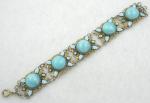 Czechoslovakia - Aqua Glass Moonstone Brass Filigree Bracelet