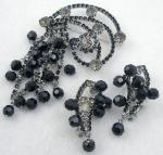 Sets & Parures-Unsigned - Black Rhinestone & Beads Brooch Set