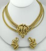 Sets & Parures-Unsigned - Golden Leaves Mesh Chain Necklace Set