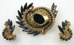 Sets & Parures-Unsigned - Black & Gold Rhinestone Brooch Set