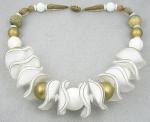 Necklace-Unsigned - White & Gold Lucite Bead Necklace