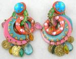 Earrings-Unsigned - Vibrant Enameled Hoops and Dangling Jewels Earrings