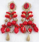 Newly Added Gold Filigree Red Glass Bead Chandelier Earrings