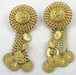 Earrings-Unsigned - Dangling Gold Coins Gold Chains Earrings