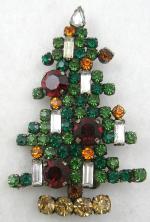 Brooches-Signed - Austria 6-Candle Rhinestone Christmas Tree Brooch