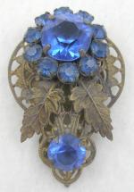 Dress & Fur Clips-Unsigned - Brass Filigree Blue Rhinestone Dress Clip