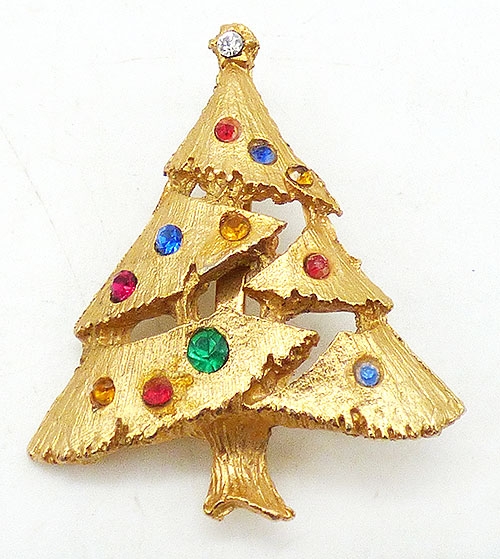 Brooches - Gold Tone Rhinestone Christmas Tree Brooch