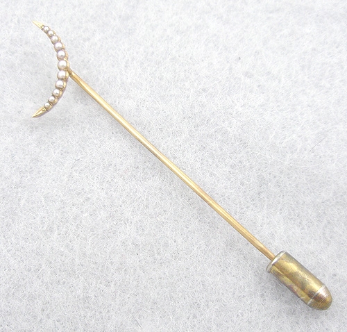 Fine Antique Jewelry - Victorian Pearl Crescent Moon Gold Stick Pin