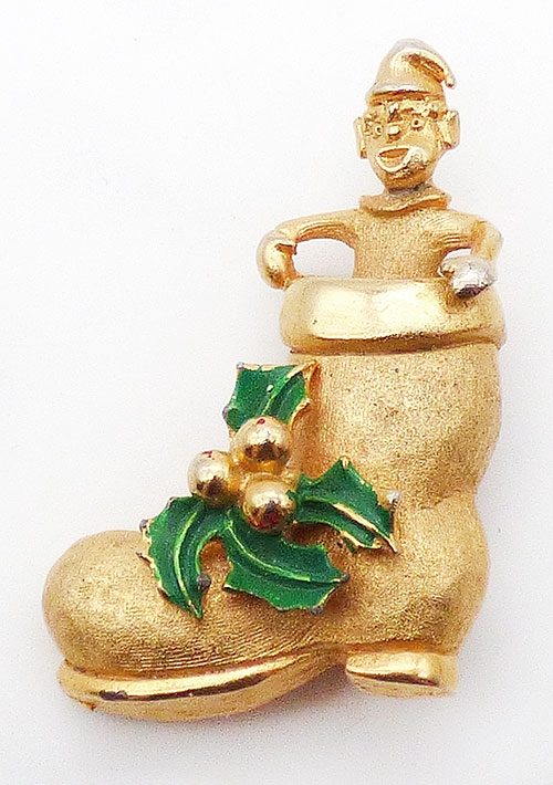 Christmas and Holidays - Christmas Gold Tone Elf in Boot Brooch