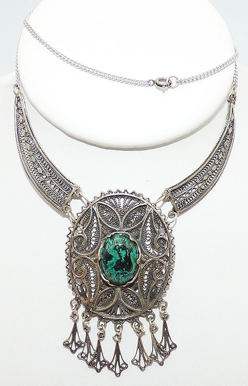 Israel - Yemenite Sterling Filigree Eilat Stone Necklace