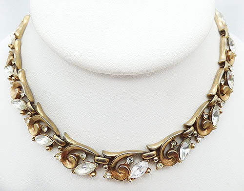 Trifari - Trifari Gold Curl Rhinestone Navette Necklace