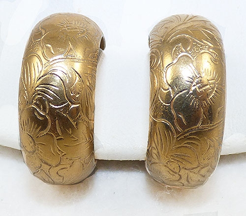 Trifari - Trifari Etched Gold Plated Hoop Earrings
