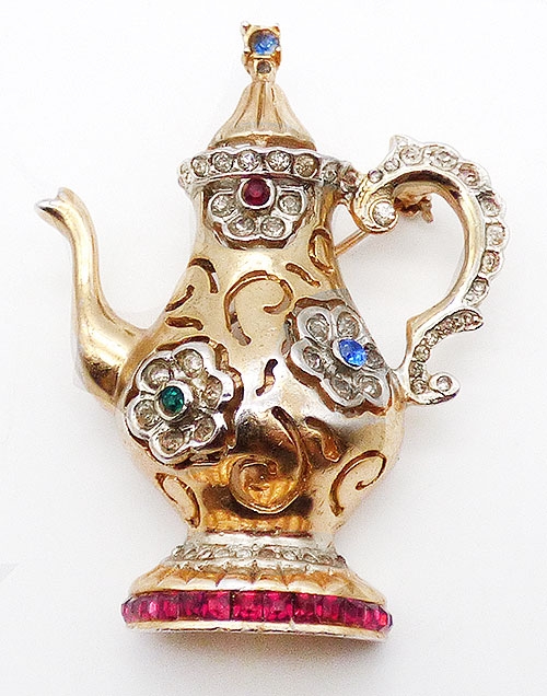 Figural Jewelry - Objects & Things - Coro Gold Coffee Pot Brooch