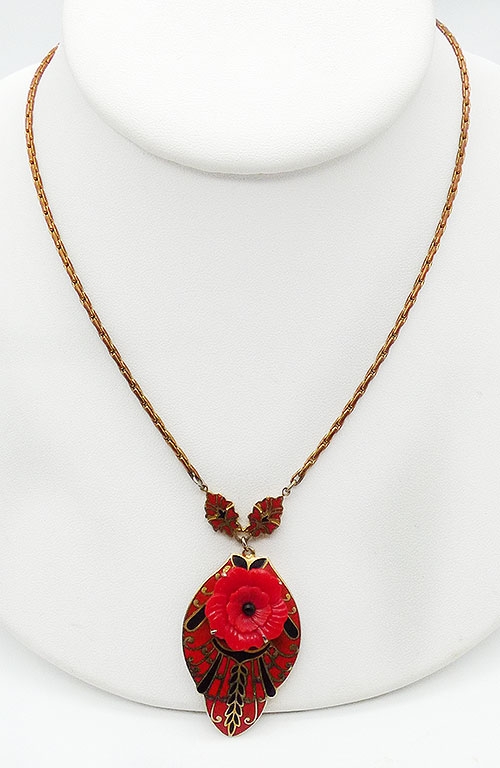 Art Deco - Coro Red Enamel Red Flower Necklace