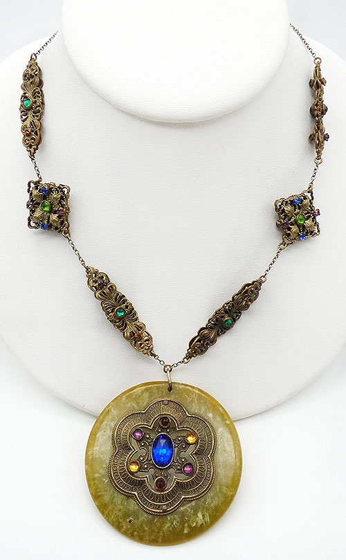 Czechoslovakia - Czech Galalith Medallion Brass Filigree Necklace