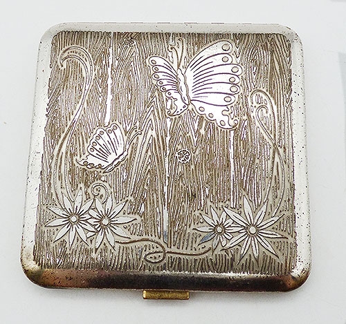 Compacts & Vanity Items - Dorset Etched Silver Butterflies and Flowers Compact