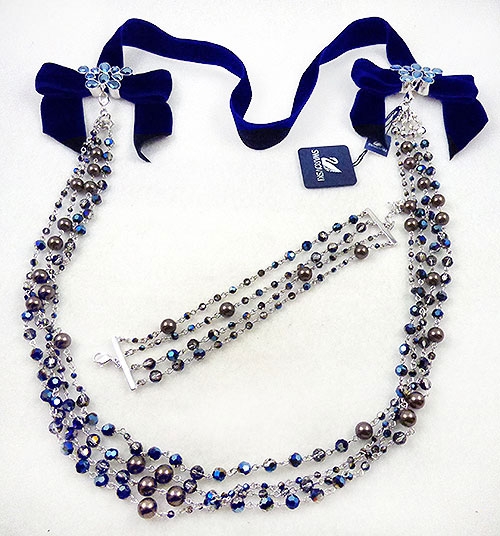 Crystal Bead Jewelry - Swarovski Crystal Chains Blue Velvet Necklace Bracelet Set
