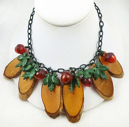 Autumn Fall Colors Jewelry - Wood Bakelite Acron and Celluloid Necklace