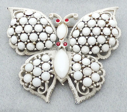 Figural Jewelry - Butterflies & Bugs - Weiss White Milk Glass Butterfly Brooch