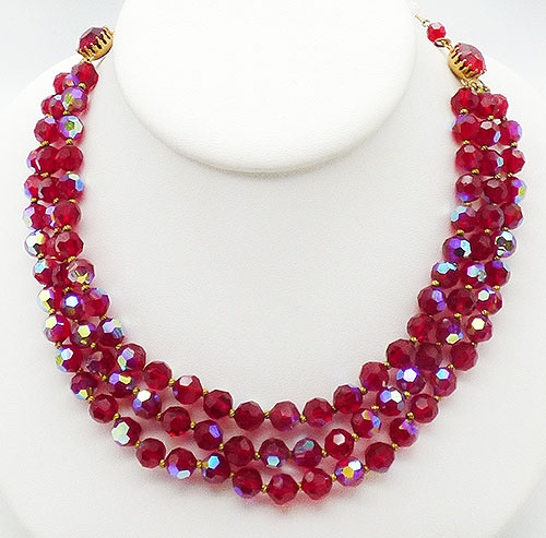 Crystal Bead Jewelry - Red Crystal Beads Triple Necklace