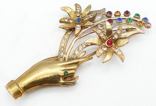Figural Jewelry - People & Hands - Gold Hand Holding Floral Bouquet Brooch