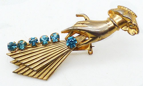 Figural Jewelry - People & Hands - Gold Tone Hand with Fan Brooch