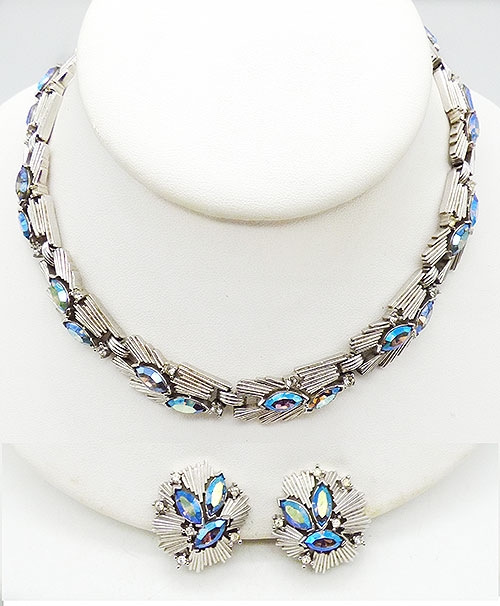 Sets & Parures - Trifari Blue Aurora Silver Link Necklace Set