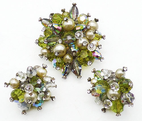 Crystal Bead Jewelry - Vendome Green Crystal Pearl Brooch Set