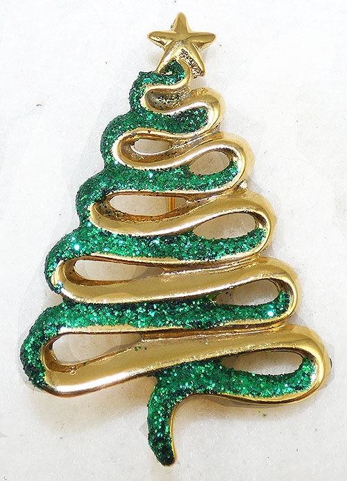 Brooches - Dancraft Green Glitter Christmas Tree Brooch