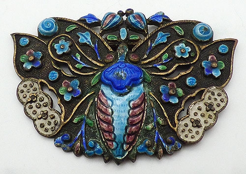 Figural Jewelry - Butterflies & Bugs - Chinese Export Enamel Moth Dress Clip