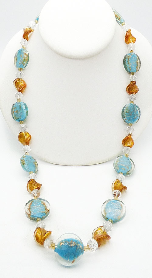 Italy - Aqua and Gold Murano Glass Beads Necklace