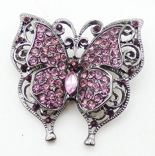Figural Jewelry - Butterflies & Bugs - Pink Rhinestone Silver Curlicue Butterfly Brooch