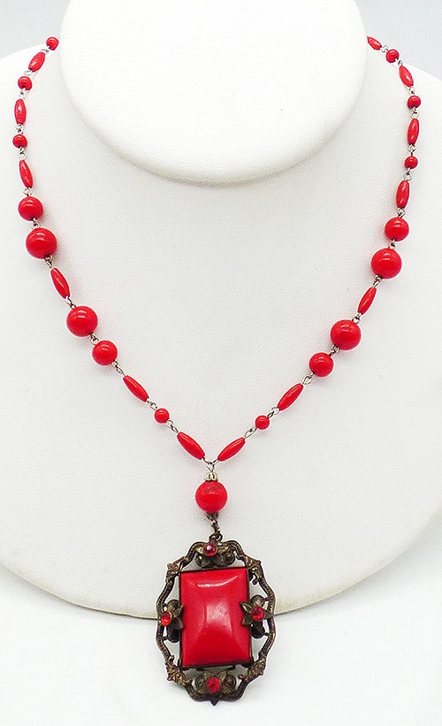 Czechoslovakia - Czech Red Glass and Brass Necklace