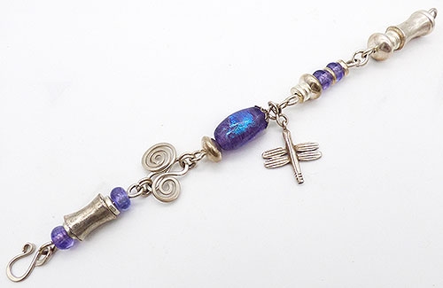 Figural Jewelry - Butterflies & Bugs - Dragonfly Dichroic Glass and Amethyst Bead Sterling Bracelet