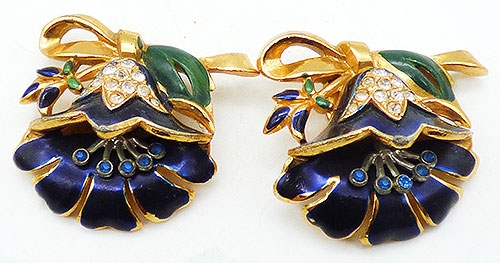 Newly Added Coro Navy Lotus Flower Dress Clips Pair
