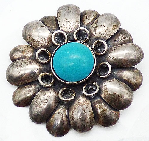 Newly Added Mexican Sterling and Turquoise Flower Brooch