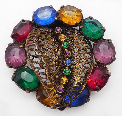 Trend Spring 2022: Saturated Color Jewelry - Czech Brass Leaf and Rhinestone Dress Clip