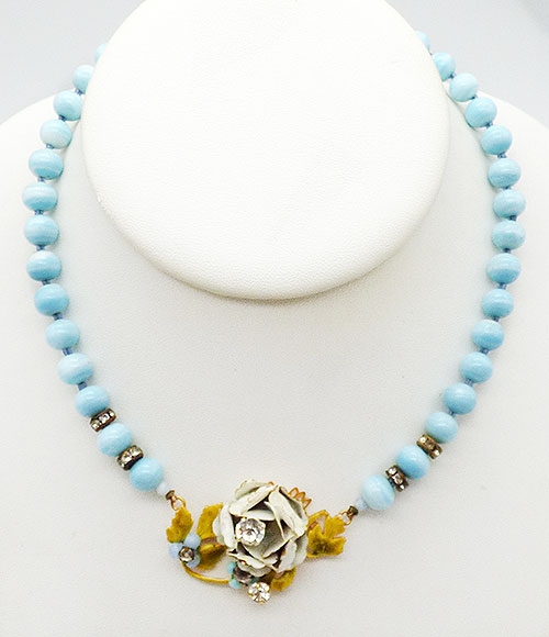 Necklaces - Robert Aqua Bead White Rose Necklace