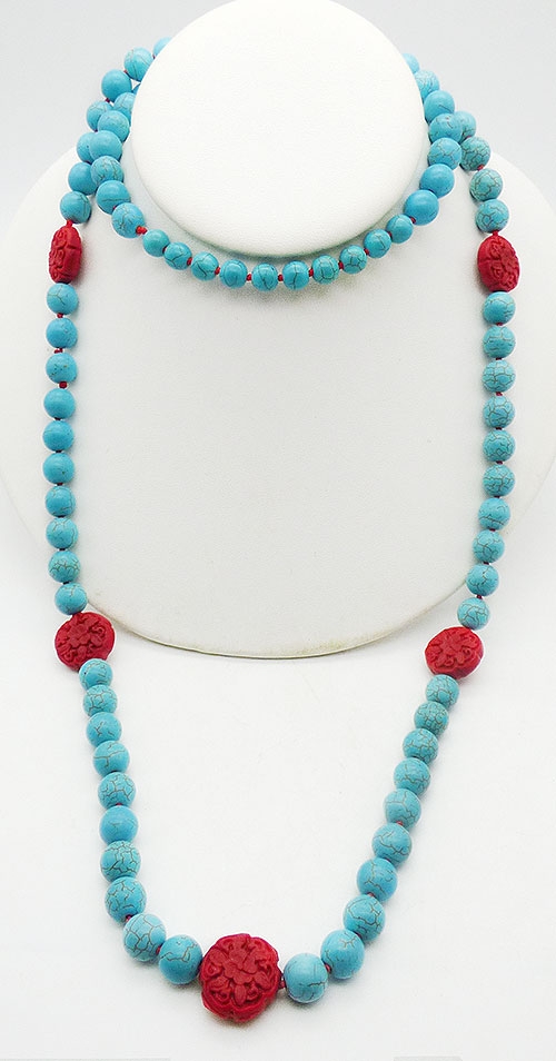 Turquoise Jewelry - Chinese Turquoise and Cinnabar Bead Necklace